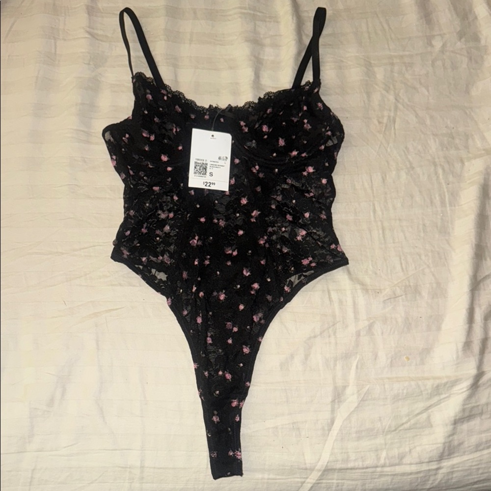 Forever 21 Black and Pink Chemise with Delicate Floral Patterns